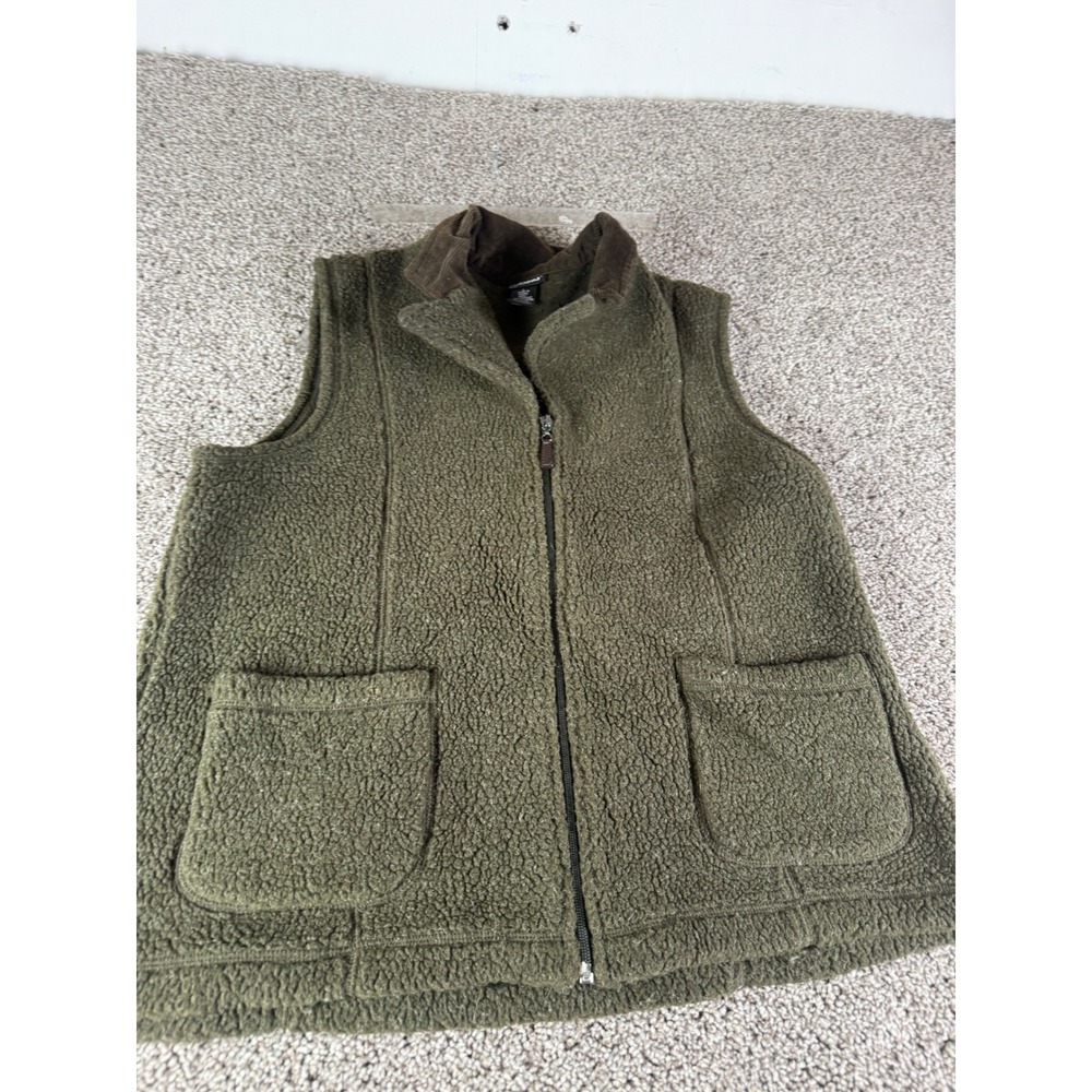 Rafaella Womens Large Olive Green Sherpa Fleece Full Zip Vest Corduroy Collar